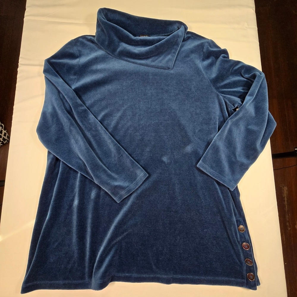 Talbots Plus Womens 1X Velour Funnel Neck Tunic Top turquoise Blue Sweater